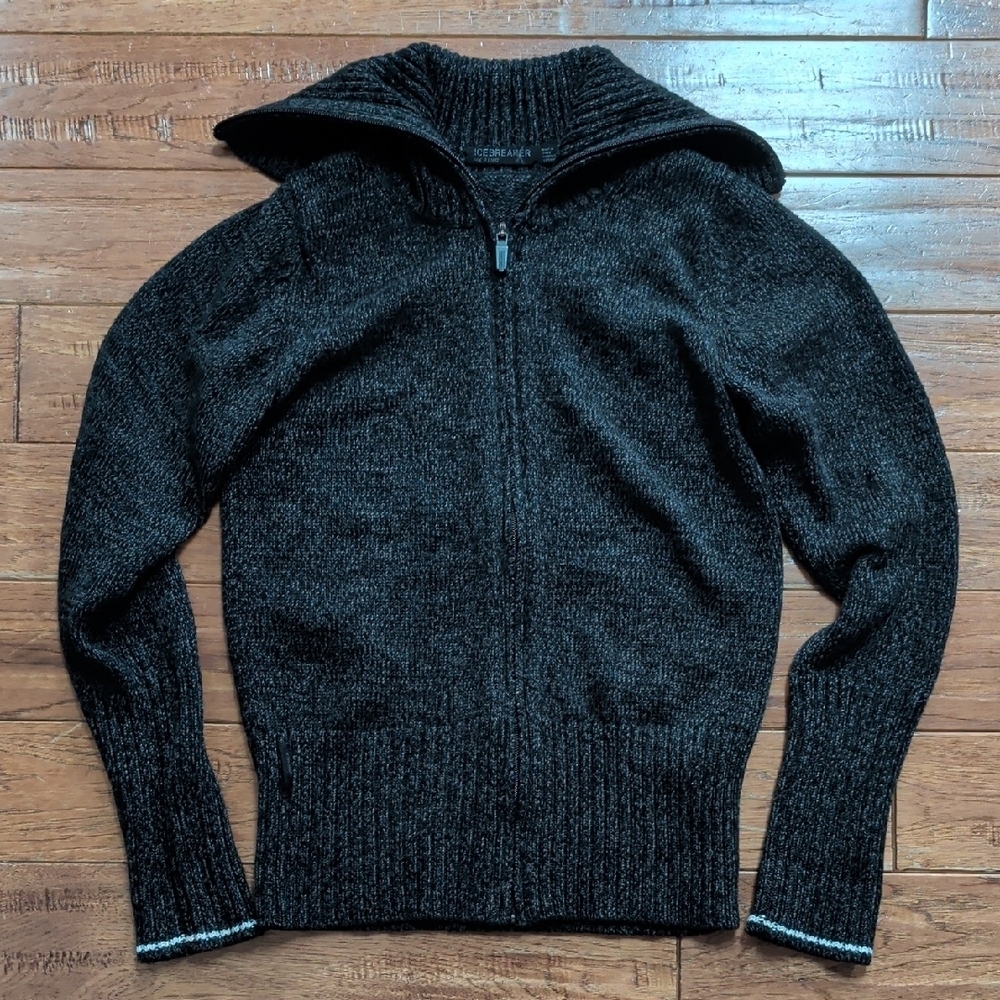 Icebreaker Aura Cardigan Turtleneck Foldover Charcoal Zip-Up Sweater
